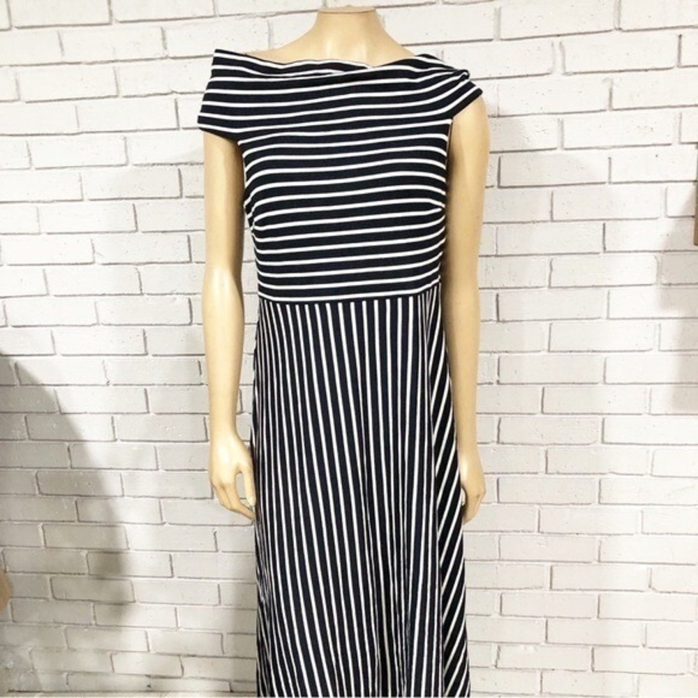 Banana Republic Navy White Striped Off Shoulder Dress Nautical Preppy Sz 14
